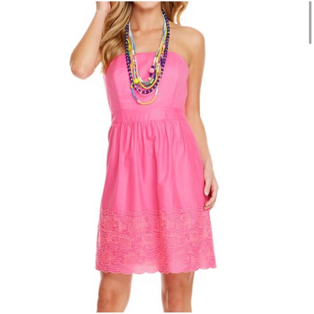 Preppy Pink Eyelit Fish Scalloped Bottom Vineyard Vines Strapless Mini Dress- 6